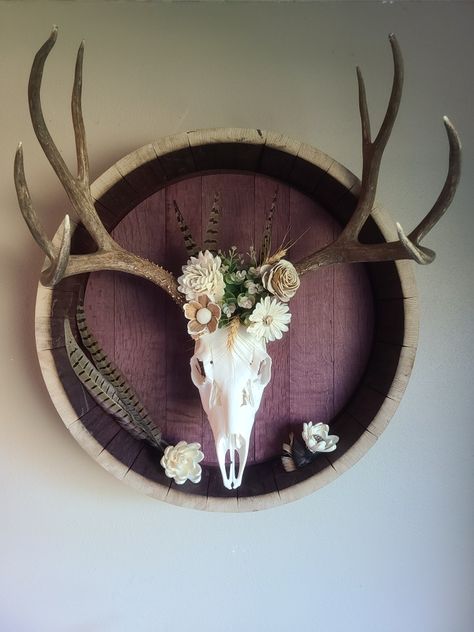 Deer mounted inside a wine barrel Girly Deer Skull Mounts, Diy Deer Head Decor, Mounting Deer Skull, Deer Skull Decor Living Room Farmhouse, Decorative Deer Skulls, Deer Skull Art Ideas, Deer Shoulder Mount Ideas, Euro Mount Deer Decor, Deer Skull Mount Display