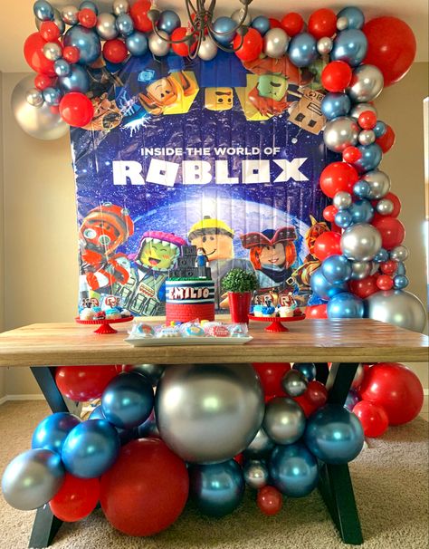 follow me on instagram to see more themes! @tademiballoons Roblox Birthday Cake, Birthday Theme Decoration, Robot Birthday Party, Boy Birthday Decorations, Girls Birthday Party Decorations, Birthday Party Set, 9th Birthday Parties, Pool Birthday Party, Halloween Birthday