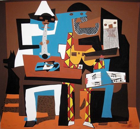 Pablo Picasso (Spanish, Synthetic Cubism, 1881-1973): Three Musicians, 1921. Oil on canvas, 6' 7" x 7' 3-3/4" (200.7 x 222.9 cm). Museum of Modern Art, New York, NY, USA. This work is widely regarded as Picasso's greatest Cubist masterpiece. "... features a Harlequin, a Pierrot, and a monk, who are generally believed to represent Picasso, Guillaume Apollinaire, and Max Jacob, respectively. Apollinaire and Jacob, both poets, had been close friends of Picasso during the 1910s ..." Synthetic Cubism, Francoise Gilot, Three Musicians, Cubist Movement, Pablo Picasso Art, Picasso Paintings, Picasso Art, Cubism, Pablo Picasso