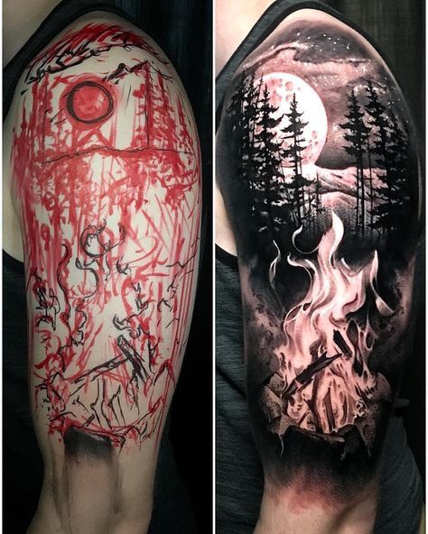 Forest Tattoo Sleeve, Natur Tattoo Arm, Wilderness Tattoo, Outdoor Tattoo, Unique Half Sleeve Tattoos, Sky Tattoos, Hunting Tattoos, Nature Tattoo Sleeve, Wolf Tattoo Sleeve