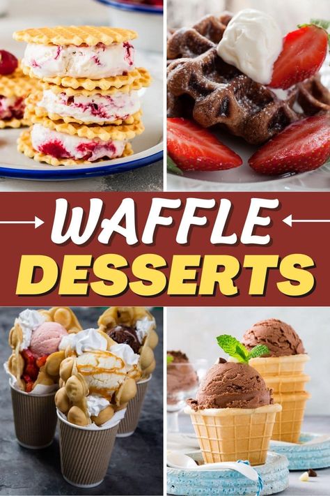 These waffle desserts are such a fun twist on the breakfast food! From churros to pie to a waffle sundae, you'll want to try all of these treats! Waffle Maker Desserts, Mini Waffle Dessert Ideas, Banana Pudding Waffle Cone, Desert Waffles, Waffle Bowl Desserts, Waffle Dessert Ideas, Waffle Food Truck, Waffle Desserts, Food Truck Recipes