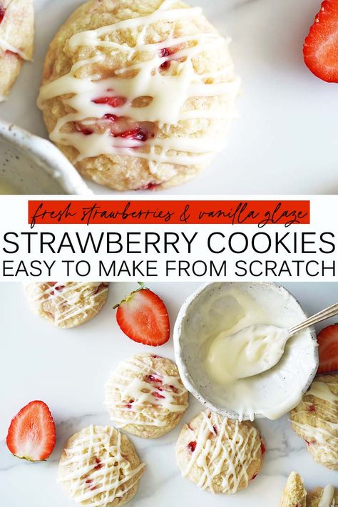 Fresh Strawberry Cookies have a soft, chewy, buttery cookie base with sweet bursts of strawberry and a vanilla glaze drizzled on top. This quick and easy drop cookie recipe will remind you of strawberry pastries, but is much easier to make! Strawberry Cookies Fresh Strawberries, Fresh Strawberry Cookies, Strawberry Pastries, Strawberry Cookies Recipe, Strawberry Cookie Recipe, Drop Cookie, Fresh Strawberry Recipes, Drop Cookie Recipes, Iced Oatmeal Cookies