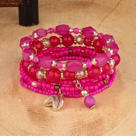 Hot Pink 4pcs Leaf Charm Beaded Bracelet Set Bohemian Layered Bracelet Material: Polyresin Hot Pink Bracelet, Hot Pink Bracelets, Pink Bracelets, Mens Bracelet Set, Charm Beaded Bracelet, Pyrite Bracelet, Sleepaway Camp, Layered Bracelet, Beaded Leaf