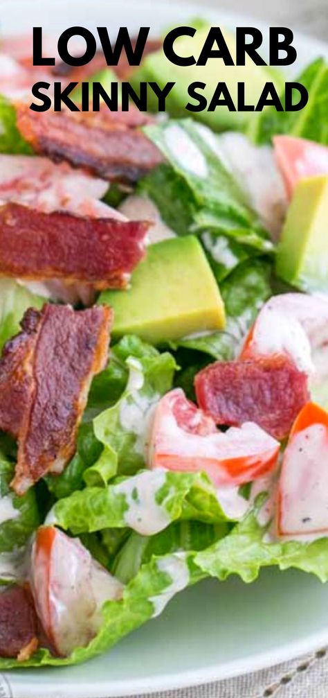 Skinny BLT salad is everything we love about a BLT minus the carbs which makes this the healthy version. Perfect side salad with crunchy bacon, fresh avocado and green lettuce, this is a yum in every bite! #salad #lowcarb #keto #sidedish #sidesalad Low Carb Blt, Savory Sweet Potato Recipes, Blt Salad Recipe, Diet Salad, Diet Salad Recipes, Avocado Blt, Green Salads, Blt Salad, Bar Buffet