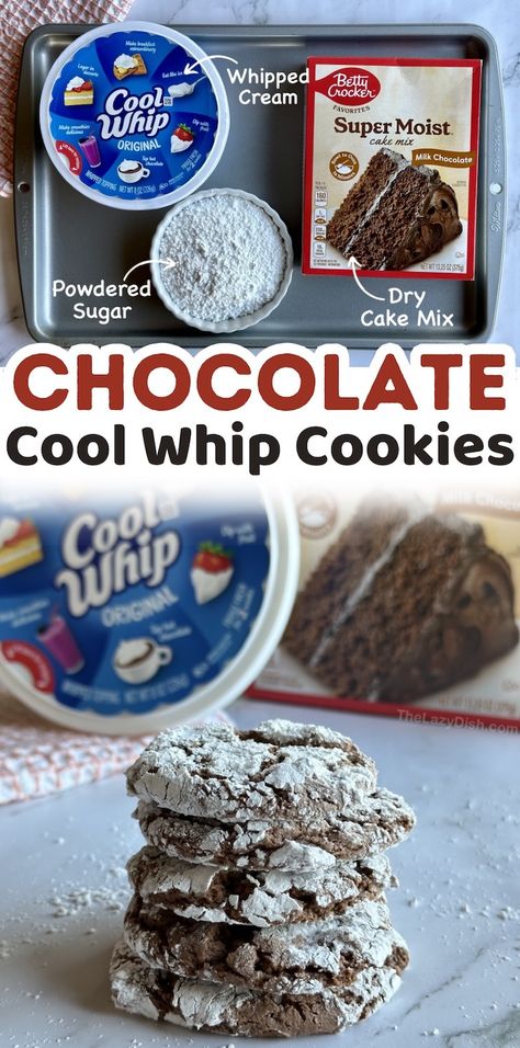 Chocolate Cool Whip Cookies Chocolate Crinkle Cookies Cake Mix Cool Whip, Chocolate Whipped Cookies, Cake Mix Cookies With Cool Whip, Cool Whip Cookies Easy, Cake Cool Whip Cookies, Cool Whip Cake Mix Cookies, Cool Whip Cookies Recipe, Chocolate Cool Whip, Whip Cookies