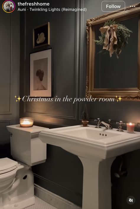 Dark Paint Bathroom Ideas, Painted Half Bath, Dark Powder Bathroom Ideas, Moody Bathroom With Wallpaper, Dark Panelled Bathroom, Moody Half Bath Modern, Dark Powder Bath, Dark Taupe Bathroom, Half Bathroom Ideas Dark Paint