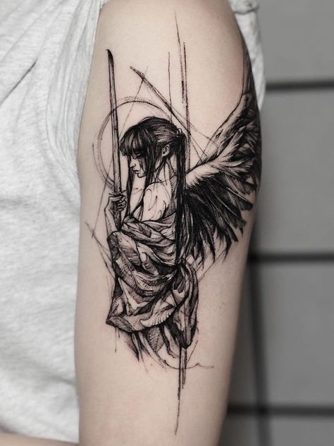 Samurai Girl, Sketch Style Tattoos, Girl Back Tattoos, Angel Tattoo Designs, Tatuaje A Color, Tattoo Style Drawings, Angel Tattoo, Dope Tattoos, Sleeve Tattoo