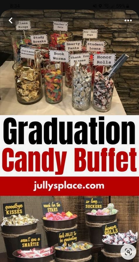 Graduation Party Dessert Table Display, Candy Table Ideas For Graduation, Graduation Party Gifts For Guests, Grad Party Candy Bar, Graduation Party Candy Table, Graduation Party Candy Bar, Candy Buffet Graduation Party, Candy Buffet Ideas, Graduation Candy Table