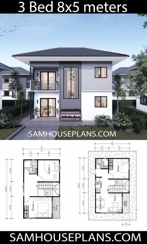 House Design Plan 8x16.5m With 6 Bedrooms - Home Design With Plan #luxuryhouseplans6bedrooms 3 Bedroom House Plans, Philippines House Design, Two Story House Design, 2 Storey House Design, 2 Storey House, Two Story House, Duplex House Plans, House Plan Gallery, Simple House Plans