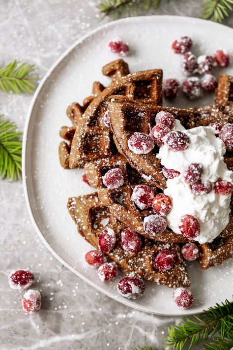 Gingerbread Waffles with Sugared Cranberries - Cooking with Cocktail Rings Orange Waffles, Gingerbread Waffles, Christmas Waffles, Sugared Cranberries, Cranberry Recipes, Christmas Brunch, Christmas Breakfast, Cranberry Orange, Breakfast At Tiffanys