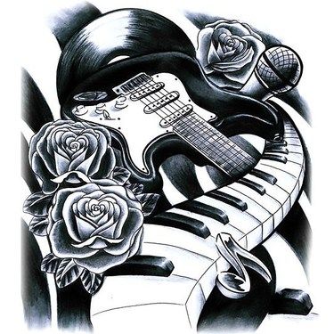 Guitar Piano and Microphone Tattoo Design Microphone Tattoo, Music Tattoo Sleeves, Tattoo Sleeve Filler, Music Tattoo Designs, Guitar Tattoo, Note Tattoo, Tattoos For Women Half Sleeve, Music Tattoo, Music Tattoos