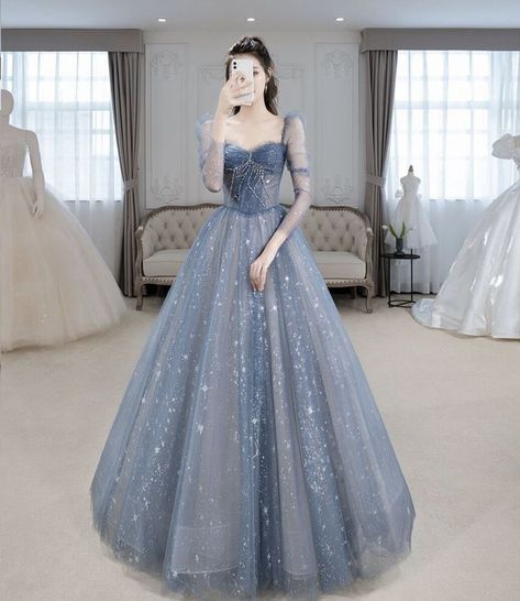 Fairy Prom Dress, Prom Dress Blue, Blue Evening Dress, Gaun Fashion, Blue Evening Dresses, Blue Tulle, Long Sleeve Evening Dresses, Cute Prom Dresses, Prom Dress Inspiration