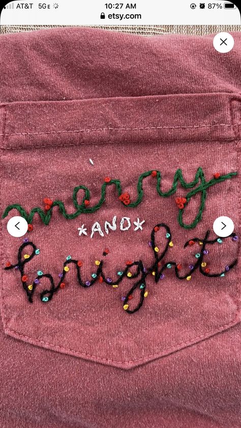 Hand Embroidery Christmas Shirts, Yarn Embroidery On Sweatshirt, Shirt Embroidery Ideas Simple, Embroidery On Sweatshirts, Embroidery Writing, Christmas Sweatshirt Ideas, Hand Stitched Embroidery, Embroider Ideas, Embroidered Text