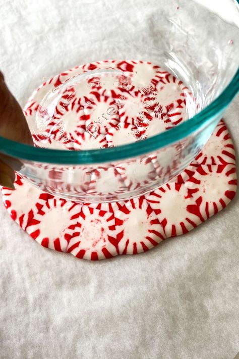 Peppermint Bowl How To Make, Peppermint Plate Diy, Styrofoam Peppermint Candy Diy, Peppermint Candy Bowl How To Make, Peppermint Candy Crafts, Peppermint Candy Bowls, Peppermint Candy Plate Serving Trays, Christmas Party Finger Foods, Peppermint Candy Bowl