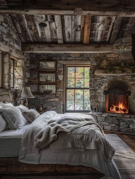 Cozy Cabin Bedrooms, Vaulted Ceiling Bedroom, Vaulted Ceiling Ideas, Small Bedroom Decor Ideas, Farmhouse Bedroom Decor Ideas, Cozy Bedrooms, Cathedral Ceilings, Cabin Bedroom, Deco Studio