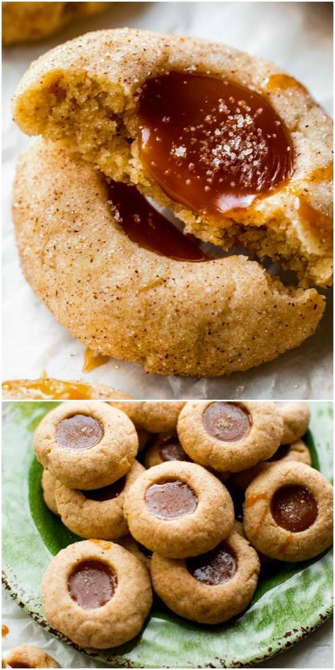 Caramel Apple ThumbprintsApple spice thumbprint cookies filled with homemade caramel! These delicious fall cookies are completely irresistible and so simple to make! Recipe on sallysbakingaddiction.com Caramel Thumbprint Cookies, Caramel Apple Spice, Sally's Baking, Apple Spice, Fall Desserts Easy, Fall Cookies, Fall Dessert Recipes, Thumbprint Cookies, Homemade Caramel