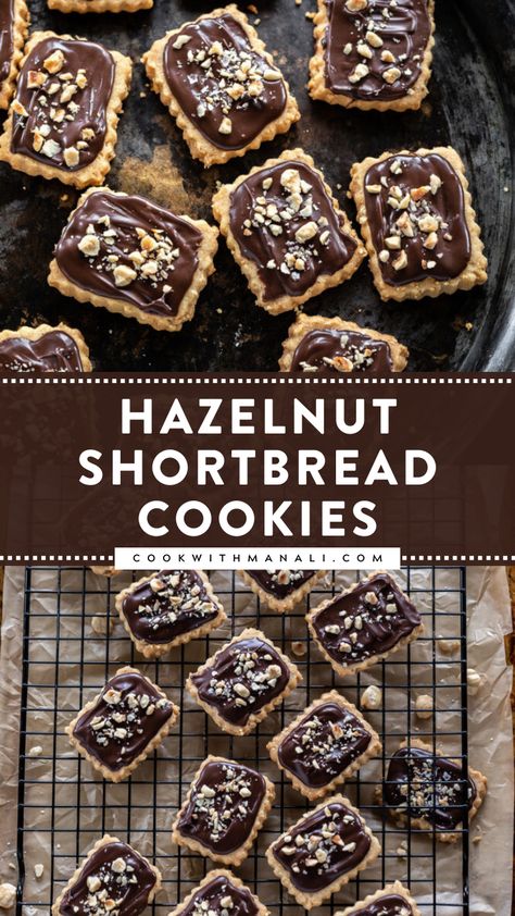 These Hazelnut Shortbread Cookies literally melt in your mouth and are made with only 5 ingredients. Add them to your cookie boxes for the holidays! Shortbread Cookies Variations, Shortbread Packaging Ideas, Fall Shortbread Cookies, Hazelnut Cookies Recipes, Hazelnut Recipes Desserts, Ina Garten Shortbread Cookies, Toffee Shortbread Cookies, Shortbread Cookie Recipes, Creative Pastries