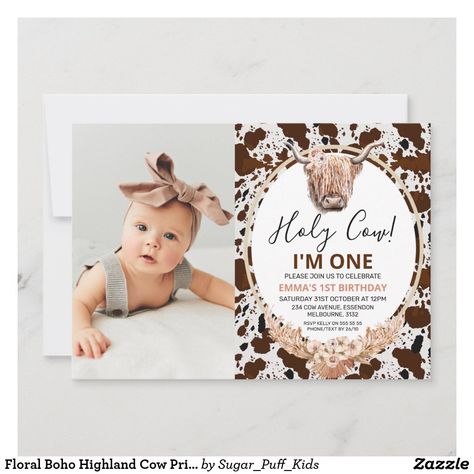 Floral Boho Highland Cow Print Photo 1st Birthday Cow Print 1st Birthday, Cow Invitations, Cow 1st Birthday, Boho Highland Cow, Cowgirl Invitations, Baby Shower Girl Diy, Brown Cow Print, Cow Birthday Parties, Birthday Boho