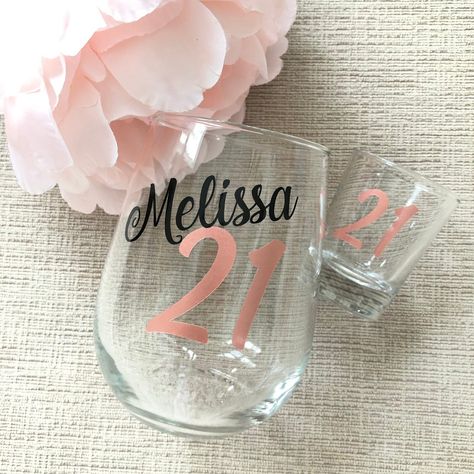 21st Birthday Glass, 21st Bday Party, 21 Birthday Wine Glass, 21 Birthday Ideas, 21st Birthday Girl, 21 Bday, 21st Bday Ideas, Birthday Shots, Boyfriend Gift Basket