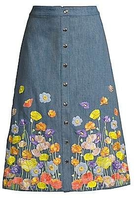 Alice + Olivia Women's Townes Embroidered Snap-Front Midi Skirt | #ad #skirts #midiskirt #alineskirt #aline #floral #embroideredskirt #springfashion #springfashionforwomen Embroidered Denim Skirt, Handbags Pink, Embroidered Skirt, Embroidered Denim, Skirt Women, Hand Painting, Jean Skirt, Online Shopping Stores, Vintage Skirt