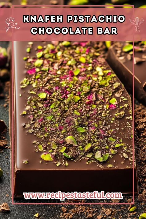 Indulge in the decadent fusion of traditional Middle Eastern knafeh and rich chocolate with this Knafeh Pistachio Chocolate Bar. Perfect for special occasions or a sweet treat any time! Pistachio Chocolate, Chocolate Recipe, Chocolate Coating, Sweet Treat, Middle Eastern, Chocolate Bar, Chocolate Recipes, Pistachio, Sweet Treats