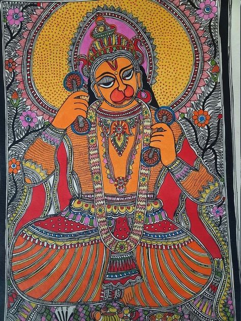 Hanuman Painting Abstract, Hanuman Ji Madhubani Painting, Hanuman Madhubani Painting, Madhubani Designs, Madhubani Paintings Peacock, Mithila Art, Phad Painting, Mithila Painting, God Hanuman