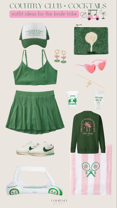 Social Club Bachelorette Party, Country Club Accessories, Country Club Bachelorette Aesthetic, Tennis Club Bachelorette, Golf Bachelorette Outfits, Feelin Spritzy Bachelorette, Bachelorette Pickle Ball, Sporty Bachelorette Party, Cocktails And Country Clubs Bachelorette