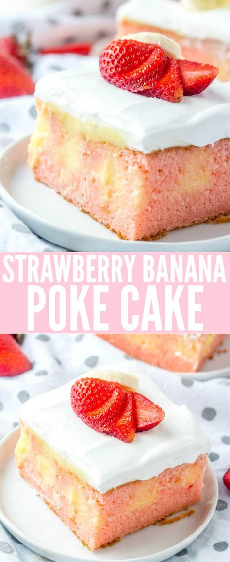 Easy and delicious this Strawberry Banana Poke Cake is a flavorful, fun and unique dessert that combines two iconic flavors into one! #cake #strawberry #pokecake #dessert #strawberry #banana  via @amiller1119 Banana Poke Cake, Strawberry Banana Cakes, Dessert Strawberry, Cake Strawberry, Poke Cake Recipes, Poke Cakes, One Cake, Gateaux Cake, Dessert Cake Recipes