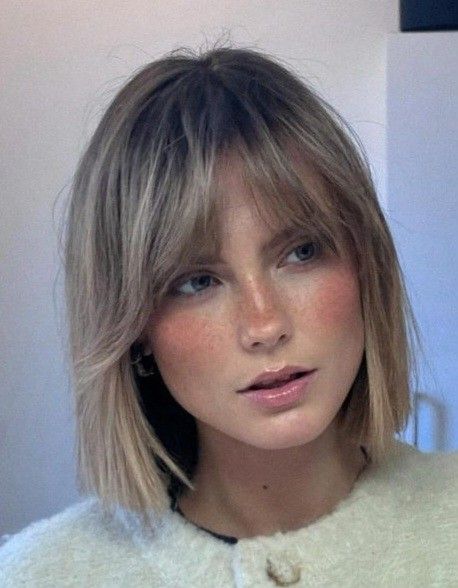 Dakota Johnson Bob Haircut, French Bangs With Short Hair, Short Hair With Short Fringe, Short Blonde Fringe, Short Dark Blonde Bob, Short Hair Light Bangs, Short Dark Blonde Hair With Bangs, Bob And Fringe Hairstyles, Short Hair Bangs Straight