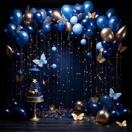 Blue Birthday Themes, Blue Party Themes, Blue Balloon Arch, 15th Birthday Decorations, Butterfly Birthday Party Decorations, Elegant Entrance, Butterfly Theme Party, Blue Sweet 16, Black Party Decorations