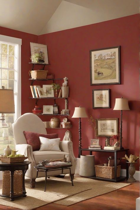 Living room decor, home design, interior decorating, wall paint, interior designers Red Paint Colors For Living Room, Red Wall Painting Ideas, Color Living Room Walls, Red Living Room Walls, Red Furniture Living Room, Red Accent Wall, Color Living Room, Paint Guide, Red Paint Colors