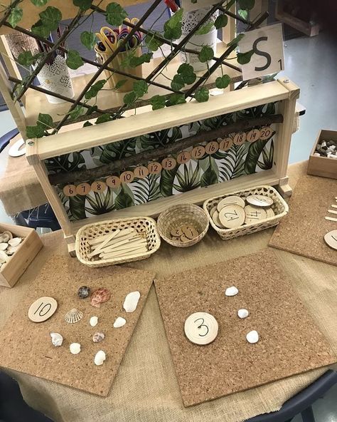 Reggio Learning Centres, Learning Centre Ideas, Maths Station Eyfs, Curiosity Approach Maths Area, Natural Maths Area Eyfs, Reggio Maths Area, Walker Learning Investigations, Preschool Maths Area, Kindy Room Ideas Early Childhood