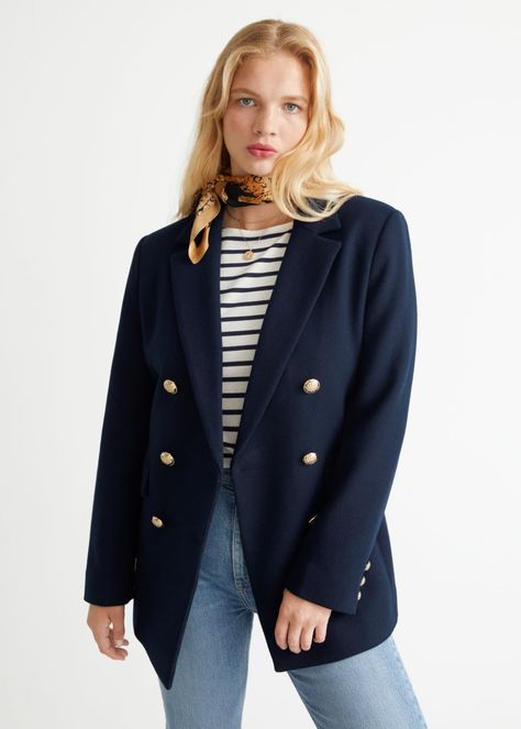 Gold Button Blazer - Navy - Blazers - & Other Stories US Navy Blazers, Black Leo, Scarf Outfit, Button Outfit, Velour Hoodie, Navy Blue Blazer, Navy Jacket, Lightweight Scarf, Navy Gold