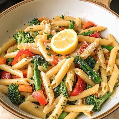 Penne Pasta Primavera is a vibrant, veggie-loaded pasta dish tossed in a simple lemon Parmesan sauce that’s fresh, flavorful, and easy to make! This recipe is Lemon Parmesan Sauce, Penne Pasta Primavera, Pasta Primavera Sauce, Loaded Pasta, Roasted Cabbage Wedges, Primavera Recipe, Pasta Primavera Recipe, Zucchini Chips Baked, Roasted Cabbage