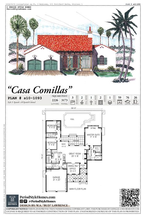 Spanish Colonial Style Homes House Plans, Spanish Colonial Style Homes, Colonial Home Floor Plans, Spanish Style Homes Plans, Wall Section Detail, Spanish Colonial Homes, Small Home Plan, Colonial Style House Plans, Mediterranean Architecture