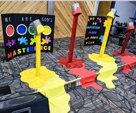 Art Themed Decorations, What A Mess Vbs Ideas, What A Mess Vbs Decorations, Gods Masterpiece Vbs, What A Mess Vbs Decor, What A Mess Vbs, Maker Fun Factory Vbs, Library Themes, Teacher Classroom Decorations