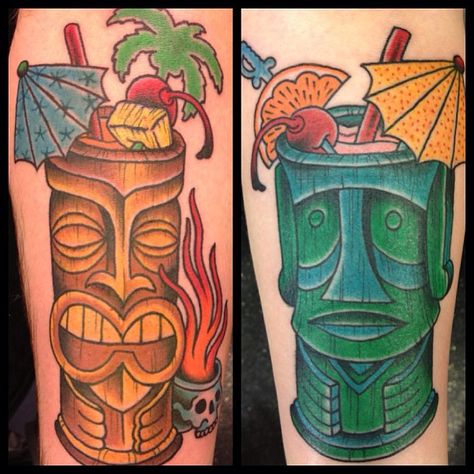 Tiki Drink Tattoo, Drink Tattoo, Moms Tattoo, Polynesian Beauty, Michael Tattoo, Tropical Tattoo, Tiki Tattoo, Tiki Cocktail, Tiki Art