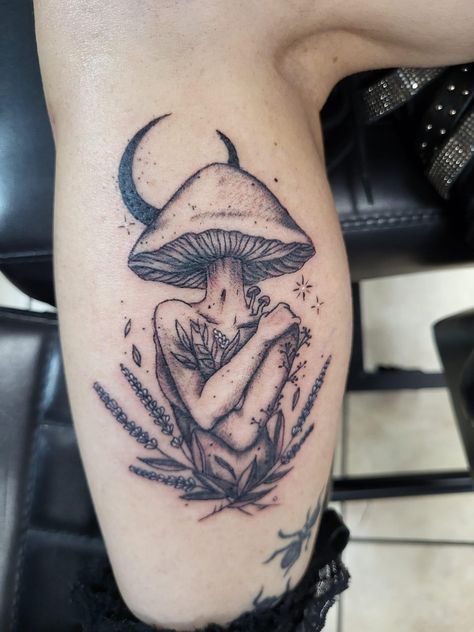 Mushroom Tattoo Feminine, Thigh Mushroom Tattoo, Mushroom Scene Tattoo, Lady With Mushroom Head Tattoo, Mushroom Head Lady Tattoo, Mushroom Man Tattoo, Black Mushroom Tattoo, Mushroom Woman Tattoo, Mushroom Girl Tattoo