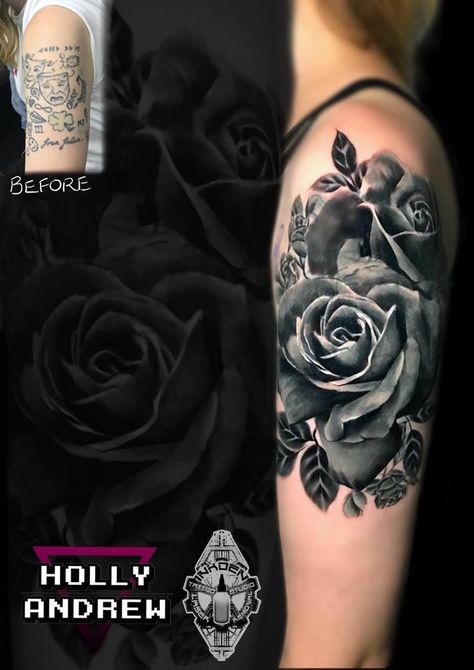 Gray Shading Tattoo, Black And Gray Watercolor Tattoo, Large Cover Up Tattoos For Women Leg, Upper Arm Cover Up Tattoos For Women, Coverup Tattoo Designs For Women, Dark Tattoo Cover Up Ideas For Women, White Over Black Tattoo, Tattoo Sleeve Cover Up, Black And Grey Rose Tattoo