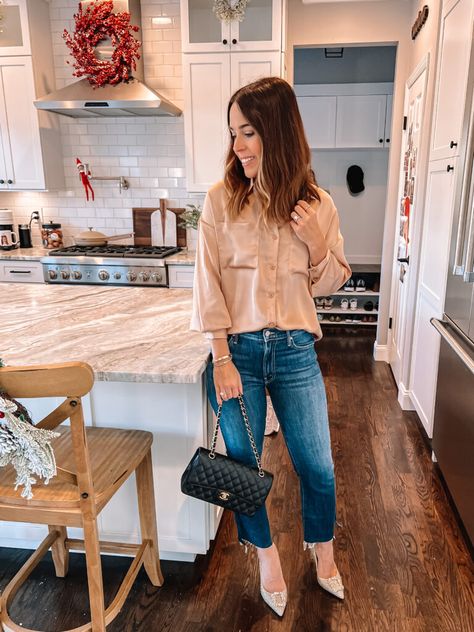 Under $50 Holiday Top | MrsCasual Chloe Outfit, Mrs Casual, Friday Favorites, Stylish Mom, Ugg Slippers, Holiday Tops, New Home Decor, Satin Top, Shoes With Jeans