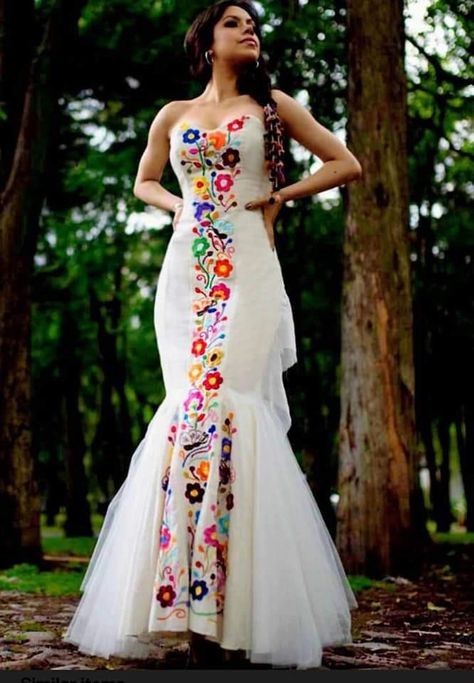 Mexican Wedding Dress Embroidered, Traditional Mexican Wedding Dress, Mexico Party, Mexican Themed Weddings, Mexican Wedding Dress, Mexican Embroidered Dress, Satin Bridal Gowns, Wedding Dress Gallery, Embroidered Wedding Dress