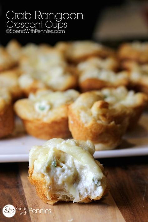 Crab Rangoon Crescent Cups! Easy to make crispy crescents filled with a creamy crab rangoon filling. These will be the first appetizer gone at any party! Crescent Cups, Crab Rangoon, Crescent Roll Recipes, Crescent Roll, Muffin Tins, Party Food Appetizers, Crescent Rolls, Rolls Recipe, Ceviche