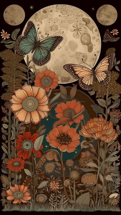 Full Moon Art Illustration, Pagan Phone Wallpaper, Butterfly Phone Background, Whimsigoth Illustration, Butterfly Background Wallpapers, Bohemian Wallpaper Iphone, Bohemian Phone Wallpaper, Witchy Phone Backgrounds, Bohemian Drawings