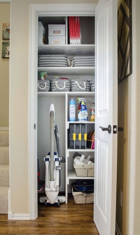 Cleaning Closet In Laundry Room, Small Utility Closet, Hall Closet Organization, Linen Closet Makeover, Cleaning Closet Organization, Pantry Closet Design, Bedroom Transitional, Closet Redo, Airing Cupboard