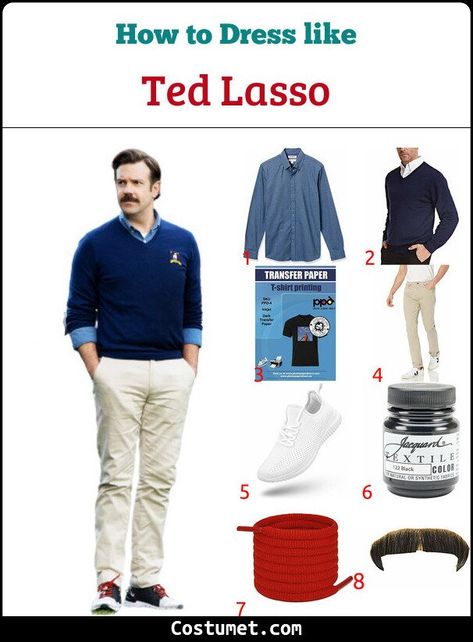 Ted Lasso Costume for Cosplay & Halloween 2021 Ted Lasso Themed Food, Ted Lasso Style, Ted Lasso Costume, Ted Lasso Party, Ted Lasso, Dark Blue Sweater, Blue Oxford Shirt, Halloween Express, T Shirt Transfers