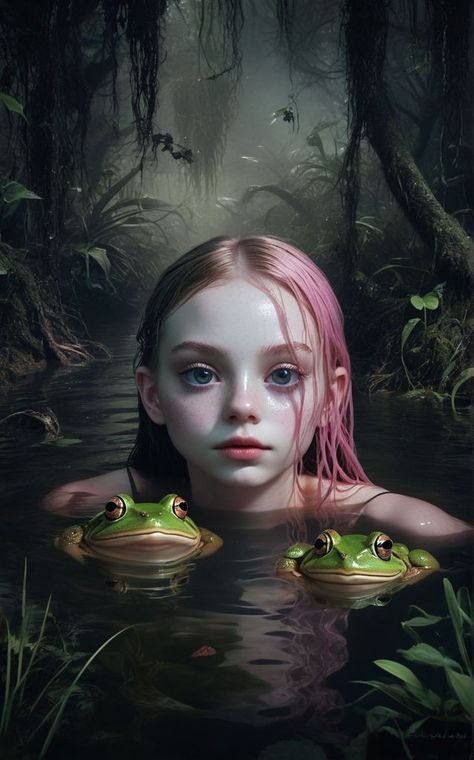 Girl with frogs in a swamp, Florida Lana Character, Helios Tattoo, Mystical Creatures Mythology, Kewpie Art, Frog Girl, Anime Woman, Picture Writing Prompts, Gothic Fantasy Art, Draw Anime