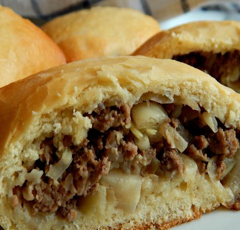 Bierocks Recipe Easy, Runzas Recipe, Runza Recipe, Bierocks Recipe, Peasant Food, Meat Pie, Bread Dough, Freshly Baked, Stick Of Butter