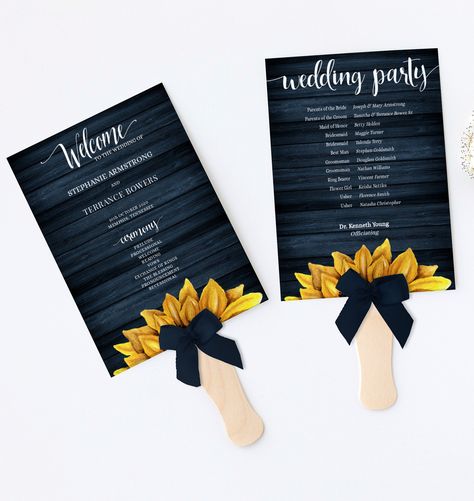 Blue And Sunflower Wedding, Country Themed Wedding, Rustic Wedding Programs, Printable Programs, Wedding Program Fans, Program Fans, Sunflower Colors, Country Theme Wedding, Wedding Programs Template