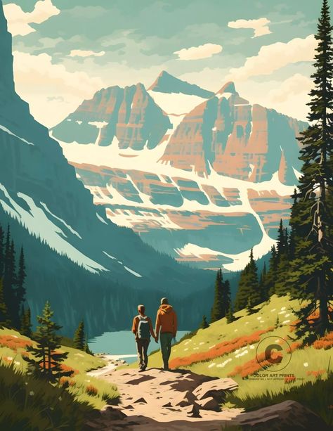 Glacier National Park Montana Mountain Hiking Giclée Art Print 8.5X11 | eBay Vintage Hiking Poster, Glacier National Park Painting, Montana Art, Montana Mountains, Goat Art, Adventure Print, Glacier National Park Montana, Glacier Park, Hiking National Parks