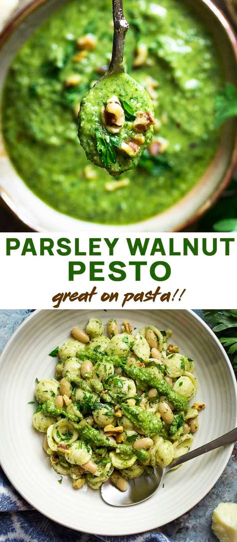 Italian walnut parsley pesto is a quick and easy recipe great all year round and perfect in the winter! Wonderful for dinner with salmon or chicken or tossed with pasta to make a creamy sauce. | justalittlebitofbacon.com #italianrecipes #sauces #pesto #parsley #walnuts Parsley Pesto Vegan, Parsley Pesto Pasta, Parsley Oil Recipe, Recipes Using Parsley, Italian Parsley Recipes, Recipes With Parsley, Dinner With Salmon, Parsley Pesto Recipe, Walnut Pesto Recipe